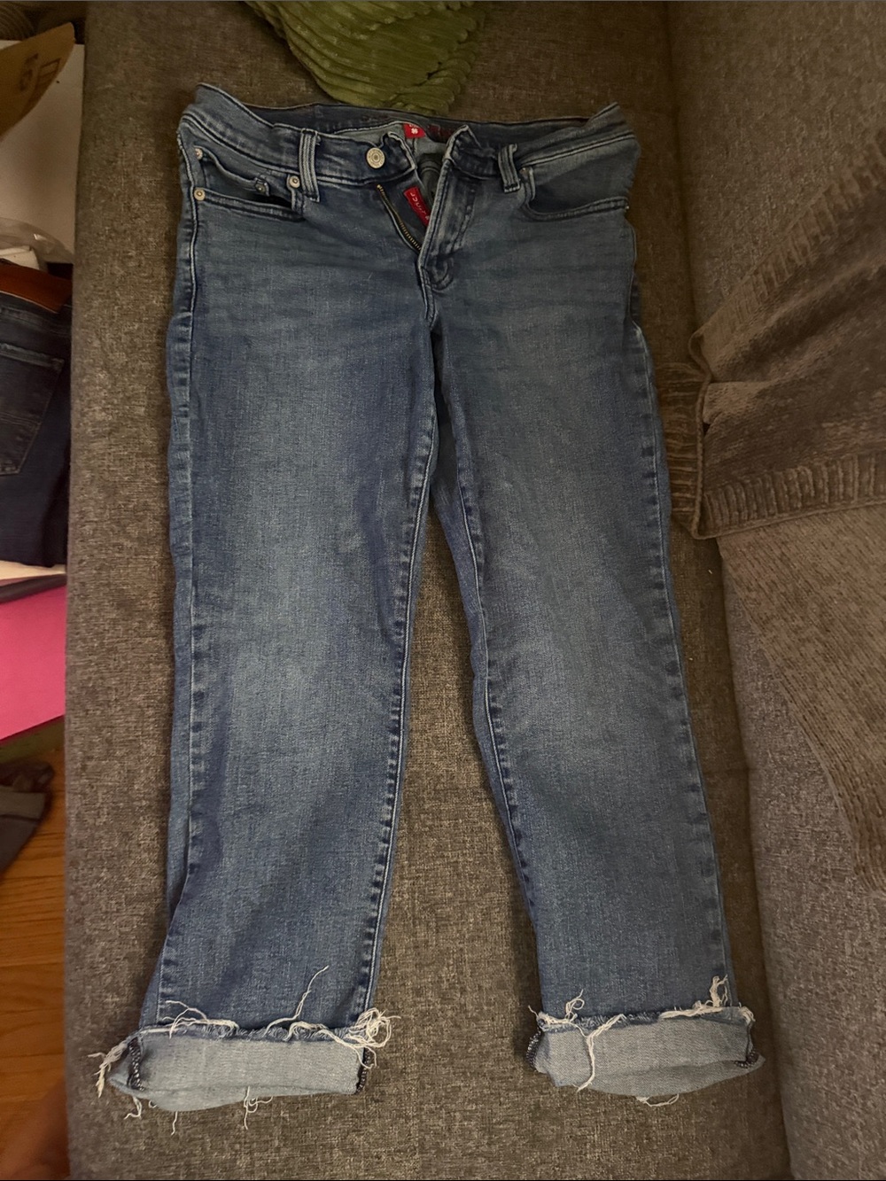 Lucky Brand Women's Boyfriend Jeans in Medium Blue with Frayed Cuffs